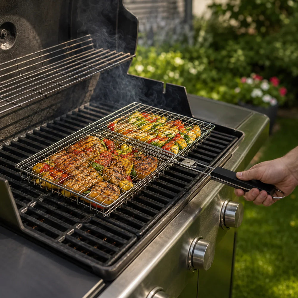 Grillkorb mit Griff für Fisch, Fleisch und Gemüse